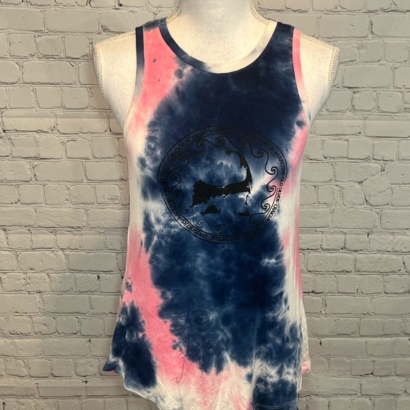 T. JAZELLE Cape Cod Beaches Blue Pink and White Tie Dye Tank Top-Medium - Picture 1 of 4